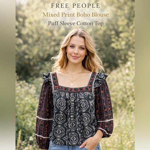 Free People Tops - Free People Made In India Mixed Print Puff Sleeve Boho Blouse Size S Cotton